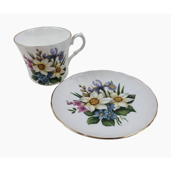 Springfield Tea Cup Saucer England Iris Daffodil Gold Trim Fine Bone China - Picture 7 of 10